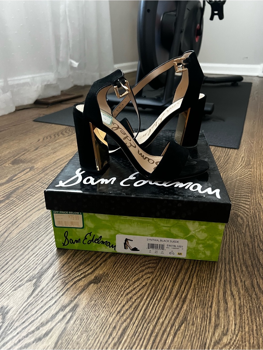 Sam Edelman Black Suede Chunky Heel Sandals with Gold Accents